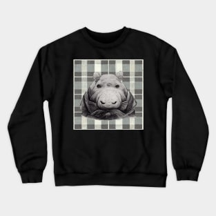 Hefty Hippopotamus in a coat, on a plaid background. Crewneck Sweatshirt